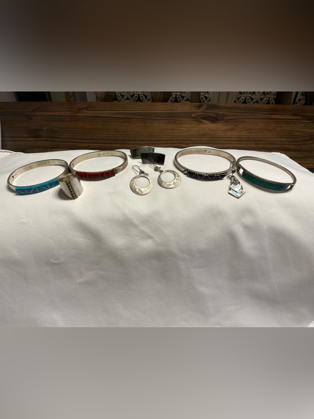 LOT VINTAGE TAXCO MEXICAN 925 STERLING INLAY BRACELETS, RING, EARRINGS 136g